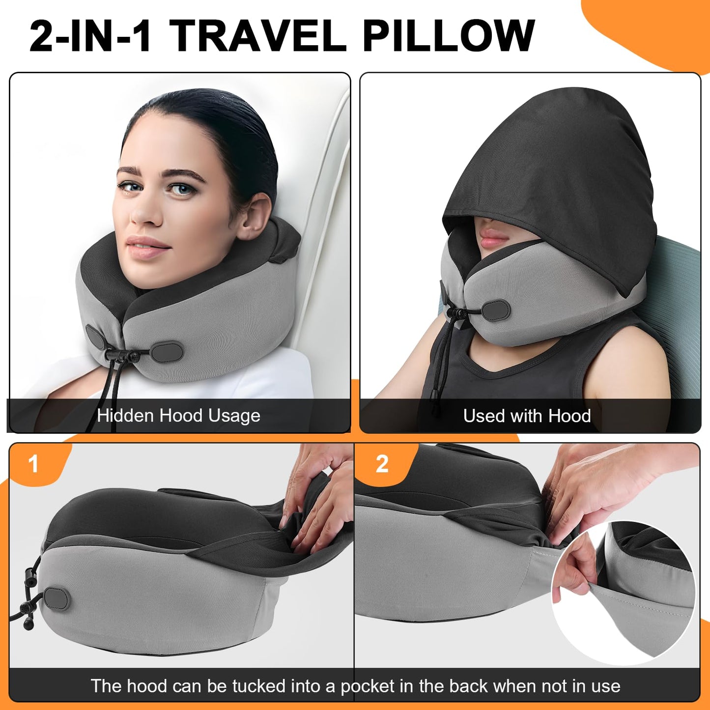 Vzpeun Neck Pillow for Travel - Hooded Memory Foam Plane Pillow for Airplane, Office, Cars Sleeping, Road Trip, Long Flights, Portable Plane Accessories, Includes Eye Mask & Earplugs Blue