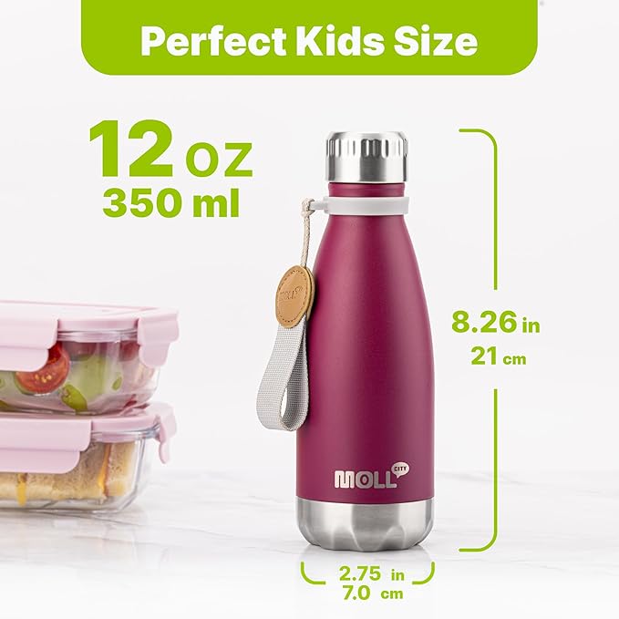 12 oz Water Bottle - Kids Water Bottle for School-Small Stainless Steel Vacuum Insulated Water Bottles-Leak Proof for Boys Girls(Fuchsia Red)