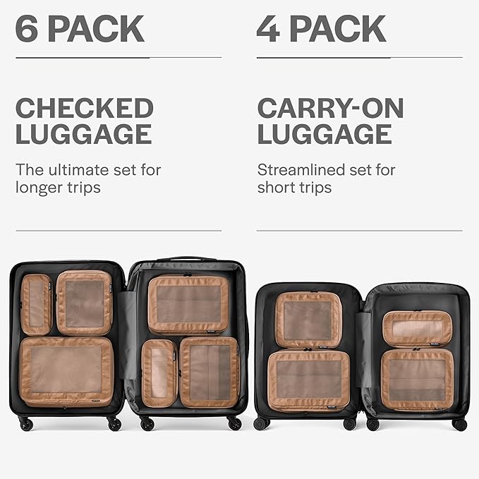 Compression Packing Cubes for Travel - Luggage Organizer Bags - Double Zipper Packing Cubes for Suitcases (4-Pack, Mocha)