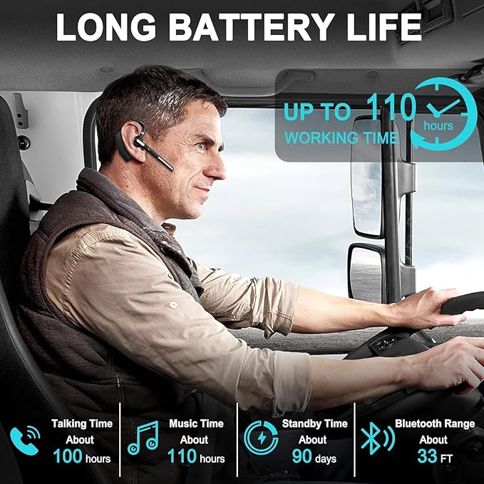 Bluetooth Headset ,Wireless bluetooth earpiece with ENC Noise Cancelling Mic, 110H Playback, Bluetooth 5.1 Dual Connectivity, Wireless Headphones Compatible iPhone/Android/PC (Office/Driving)