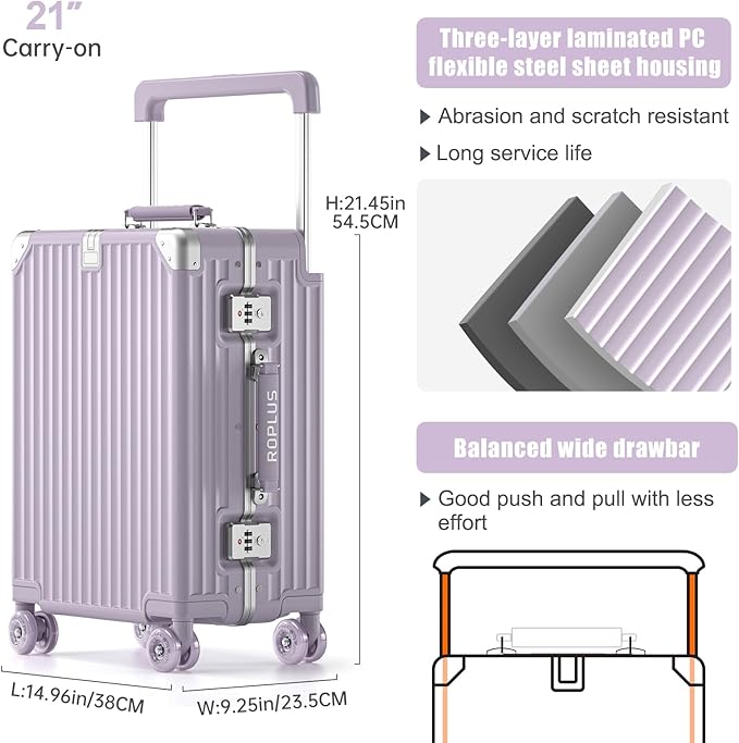 Aluminium Frame Checked-Luggage with Smooth Jelly Wheels, Hardside Zipperless Rolling Suitcase with TSA Lock (Purple, 21-Inch)