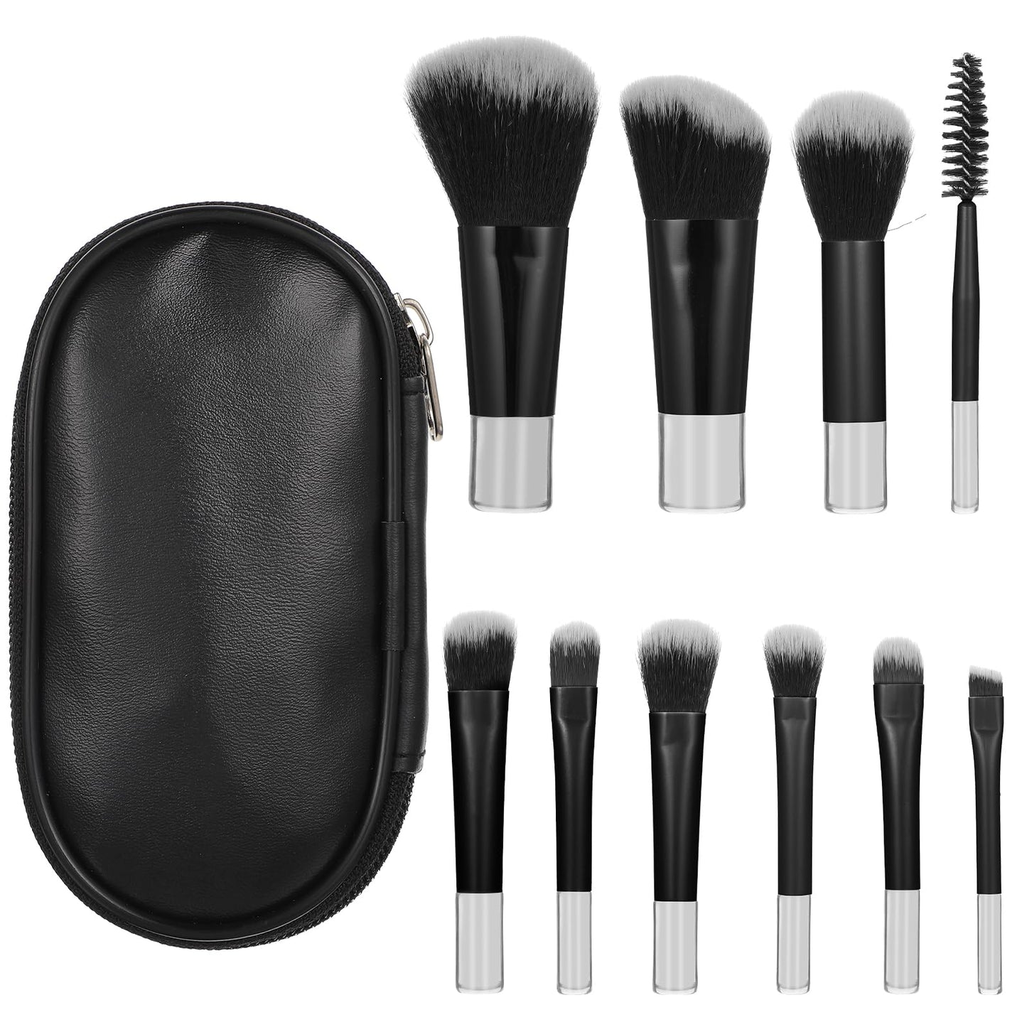 JIYIN 10 PCS Mini Travel Makeup Brushes Set, Black Portable Full Complete Function Cosmetic Kit with Brush Pouch Professional Makeup Brush Set for Women Girls Brush Blush Powder Eye Shadow
