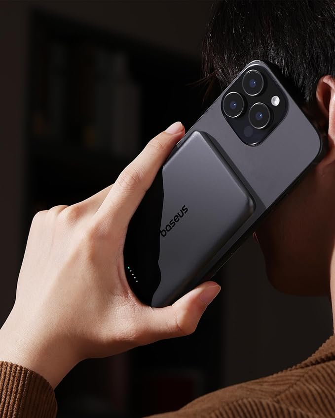 Baseus Picogo Power Bank, 0.3" Ultra Slim 5000mAh MagSafe Portable Charger, Card-Size Magnetic Battery Pack with USB-C Braided Cable, Alloy Wireless Charger for iPhone 17 Pro Max/17 Air/16/15/14/13/12