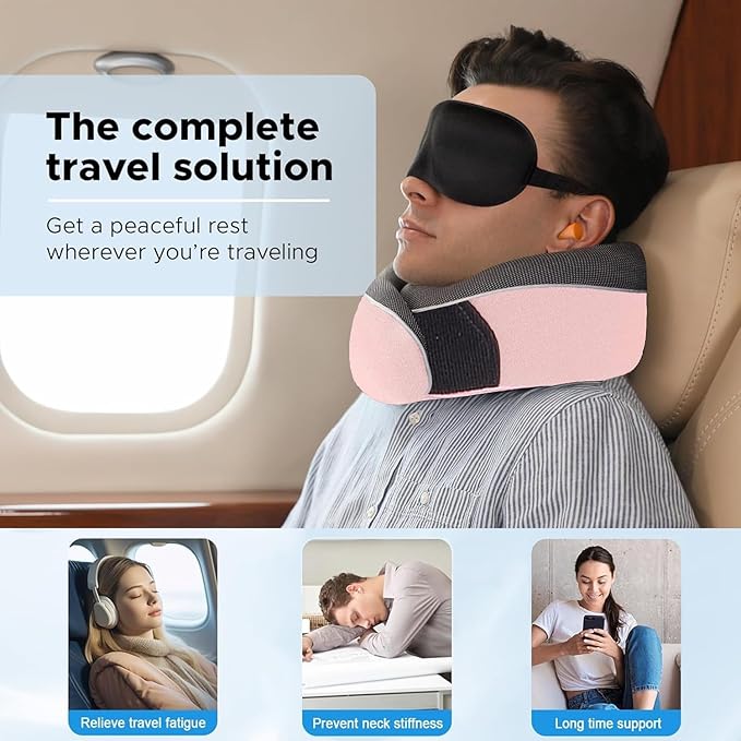 Travel Neck Pillow, Best Memory Foam Airplane Pillow for Head Support Soft Adjustable Pillow for Plane, Car & Home Recliner Use (Pink1)