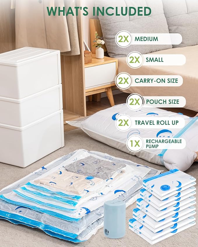 Vacuum Storage Bags with Electric Pump, 10 Pack Vacuum Sealed Bag with 1500mAh Rechargeable Battery for Clothes, Blanket, Duvets, Pillows, Comforters, Travel