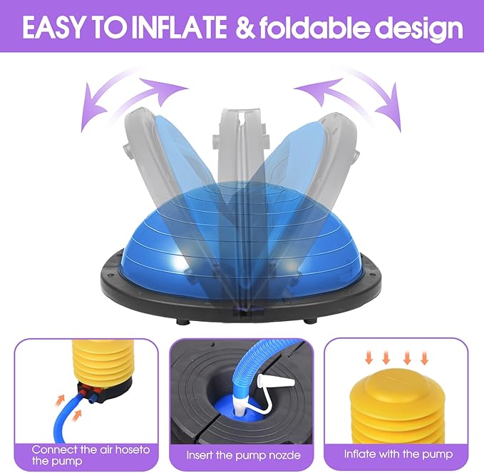 Balance Ball Trainer, 26 inch Half Exercise Ball with Resistance Bands, Home Gym Full Body Workout Equipment, Blue