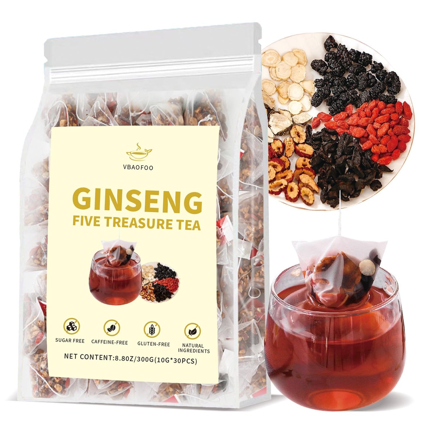 Ginseng Five Treasures Kidney Tea - Traditional Chinese Herbal, Natural Organic Cleanse Detox for Women & Men, 7 Precious Ingredients Formula ((30 Bags/1 Pack))