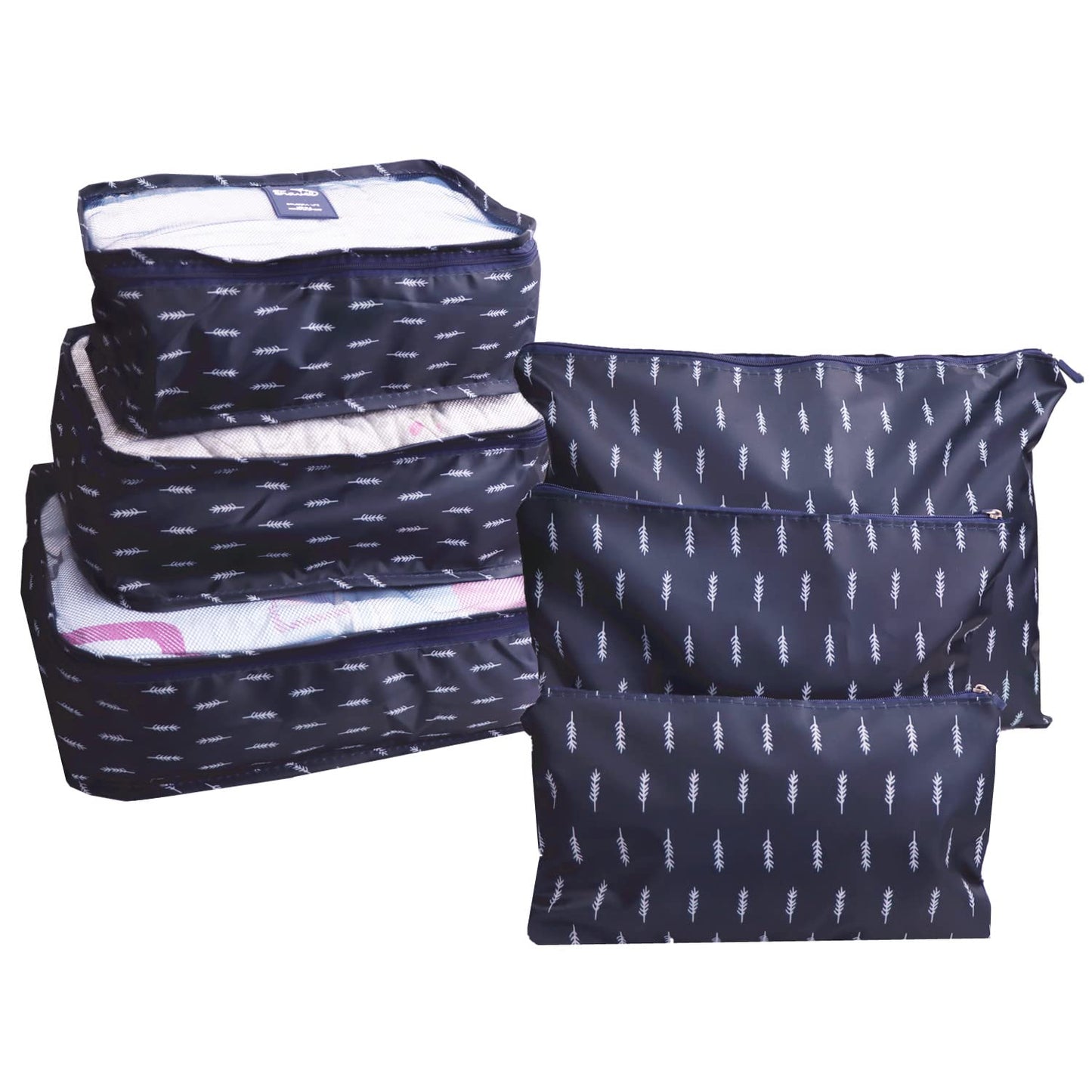 GUIFIER 6 PCS Travel Suitcase Organizer Bags, Travel Organizer Packing Cubes Set Laundry Bags, Travel Clothes Storage Bag, Packing Organizer Compression Pouches for Traveller(Navy Blue Feather)