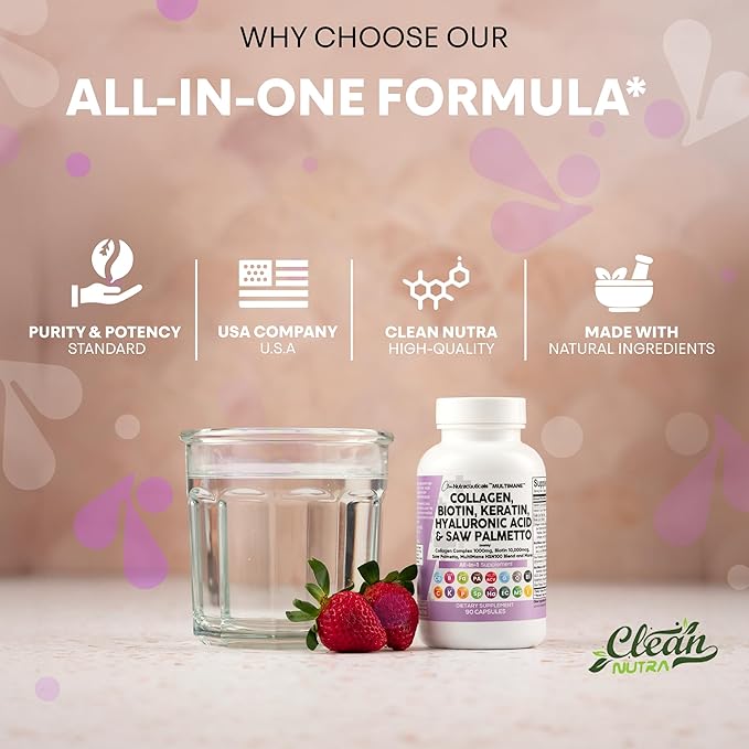 Clean Nutraceuticals Collagen Pills 1000mg Biotin 10000mcg Keratin Saw Palmetto Hyaluronic Acid - Hair Skin & Nails Vitamins & DHT Blocker with Vitamin E Folic Acid Pumpkin Seed MSM - 90 Count