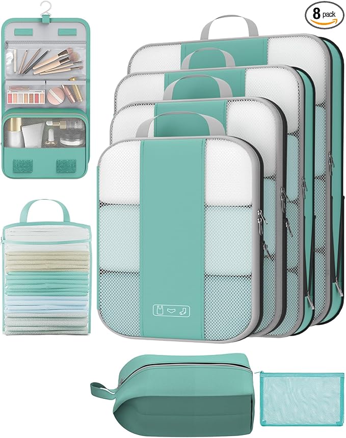 8 Set Compression Packing Cubes for Travel Essentials,Compressible Expandable Packing Cubes for Suitcase,OlarHike Luggage Organizer Bags for Travel,Handy Helper for Organizing Clothes(New Blue Green)