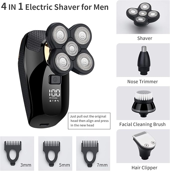 4 in 1 Electric Head Shaver Set - Bald Shaver, Wet & Dry, Cordless, with Nose & Ear Trimmer, Facial Cleansing, Rechargeable, IPX6 Waterproof