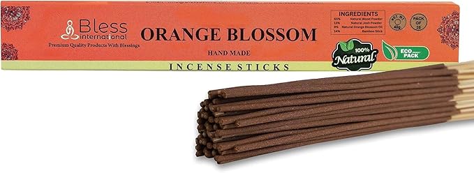 Bless-Orange-Blossom 100%-Natural-Handmade-Hand-Dipped-Incense-Sticks Organic-Chemicals-Charcoal-Free Purification-Relaxation-Positivity-Yoga-Meditation Best-Woods-Scent (25 Sticks (1.4 OZ))