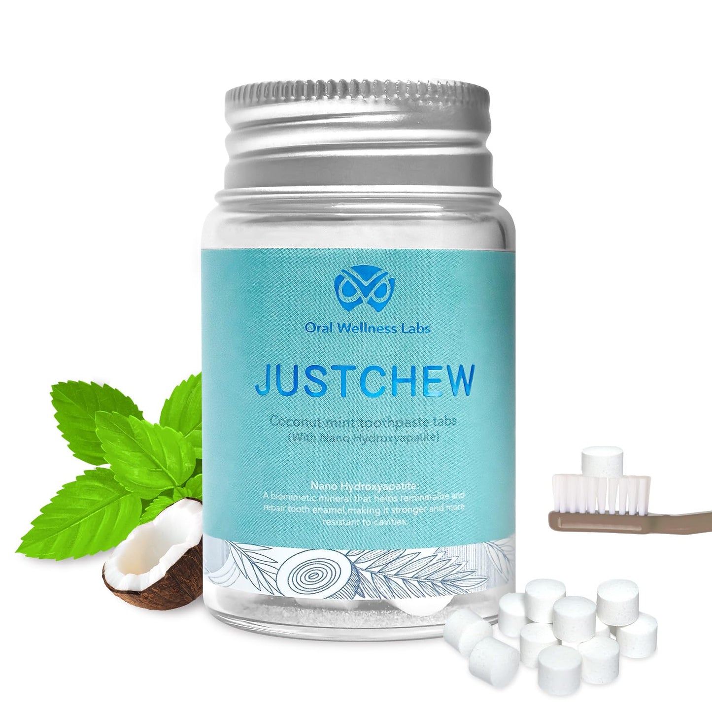 Oral Wellness Labs Toothpaste Tablets - Nano Hydroxyapatite,Fluoride & Plastic Free, Eco & Travel Friendly，Natural Whitening Toothpaste - Remineralize with NHA （1 Bottle / 1 Month-Coconut Mint）