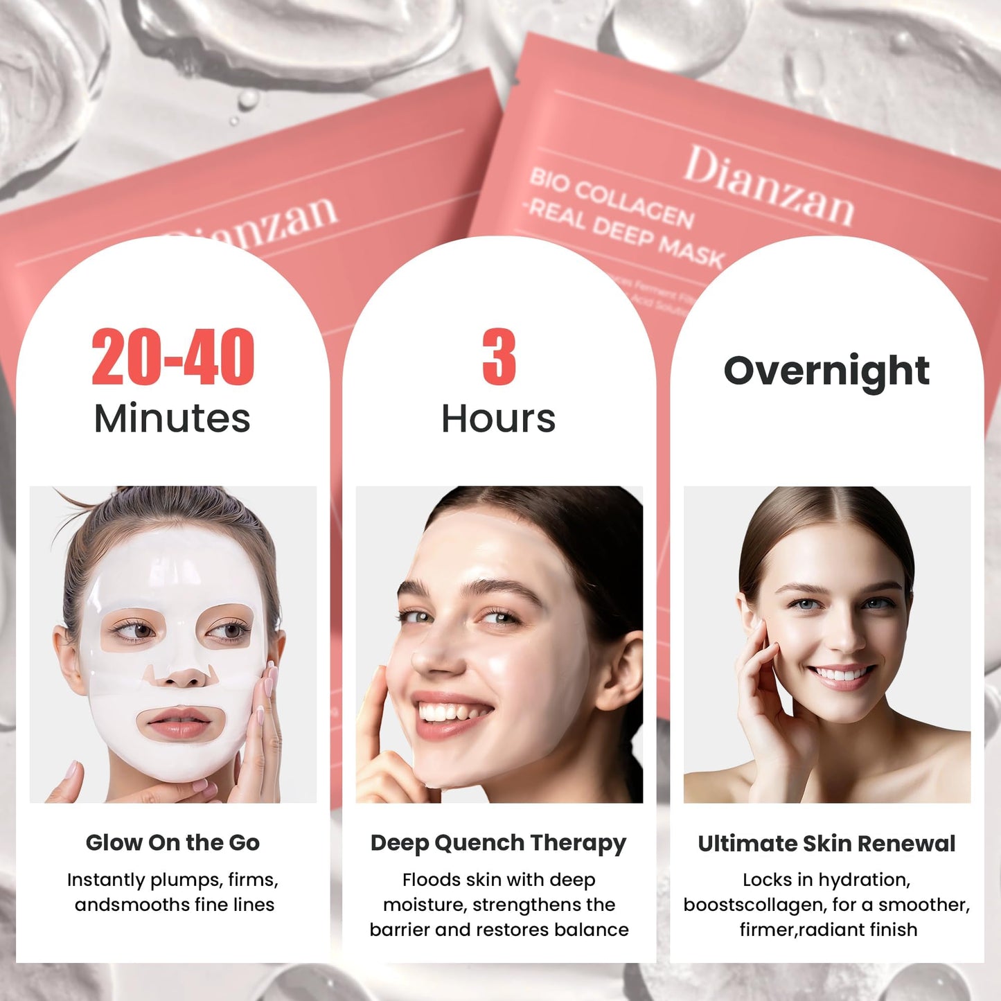 Dianzan Korean Overnight Bio-Collagen Mask, Deep Moisturizing, Firming, Glowing Glass Skin Mask, Brings Glass-Like Glow, Shrinks Pores, Diminishes Fine Lines, Gentle on Sensitive Skin, 35g x 4ea