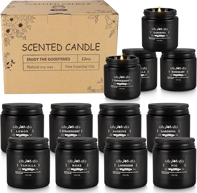 Scented Candle Set 12 Pack,Black, Candle for Home Scented, Odor Eliminating, Stress Relief, Long Lasting Soy Wax Gift Set