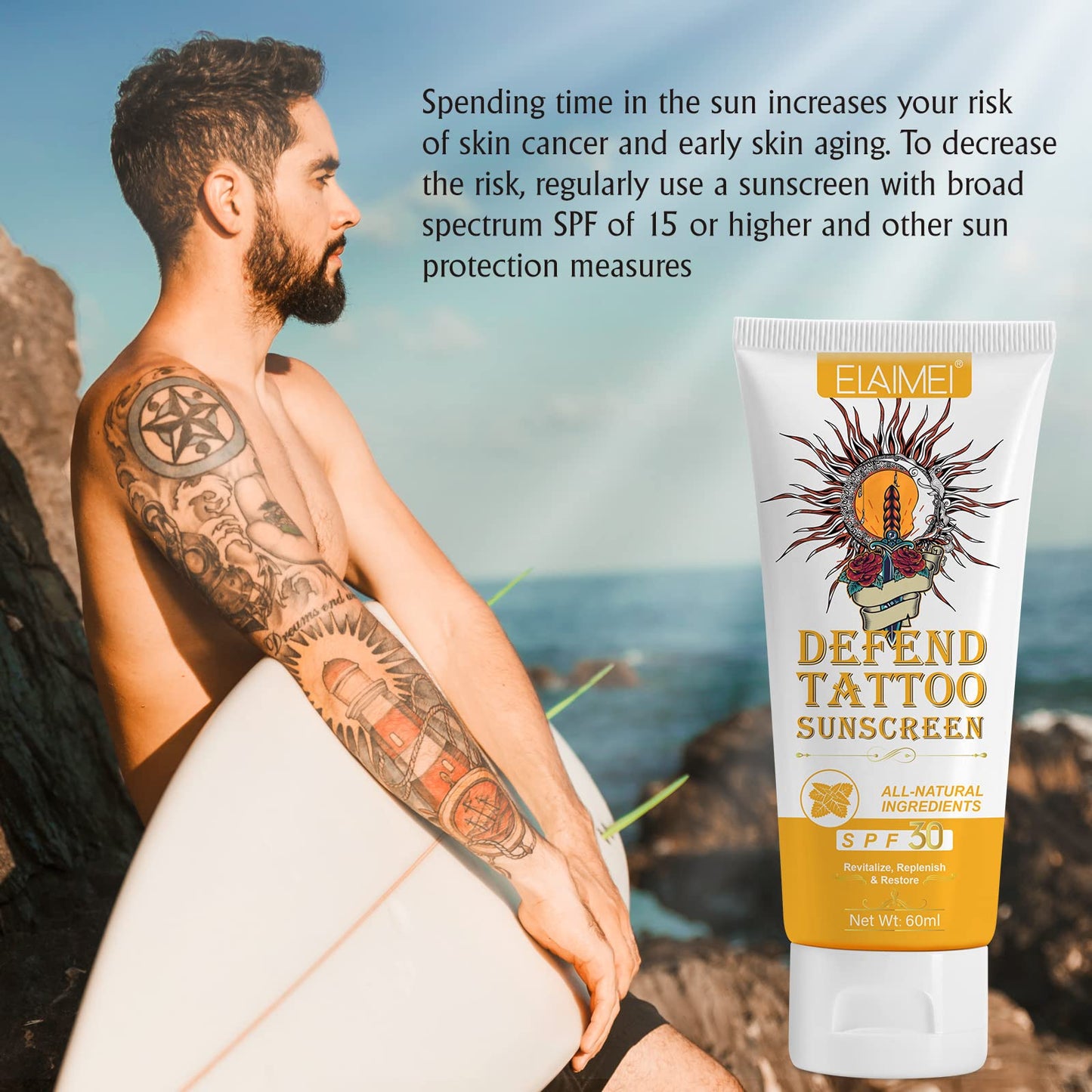 Tattoo Sunscreen -Tattoo care cream, SPF 30+ for Tattoo Sun Protection Hydrates New Tattoos -Natural Ingredients-100% Vegan Tattoo Cream (Suncream)