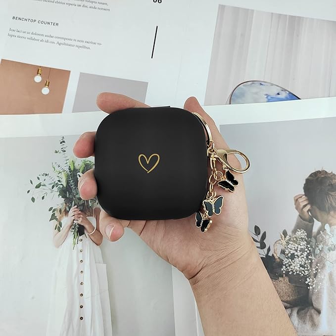 Compatible with Powerbeats Pro, Soft Silicone Case with Gold Heart Pattern for Powerbeats Pro Case with Cute Butterfly Keychain for Girls Women (Black)