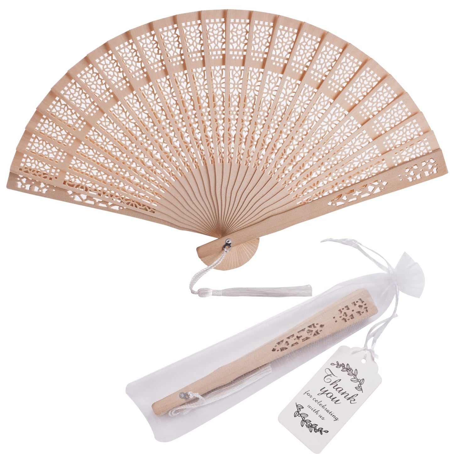 SL crafts 50 Sets Wooden Hand Fan Wood Handheld Folding Fans with Organza Bags and Thank You Tag and Tassels Wedding Party Favors