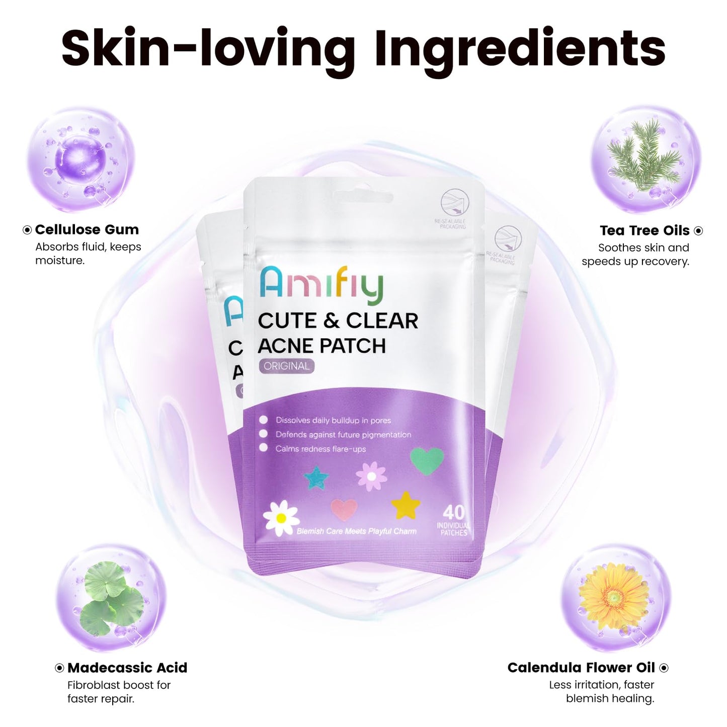 Amifiy Cute Pimple Patches, Korean Skincare Star Acne Patches for Face, Multiple Shapes Oil-Absorbing Zit Dots, Vegan & Cruelty-Free Blemish Treatment with Hydrocolloid & Tea Tree, 40 Count