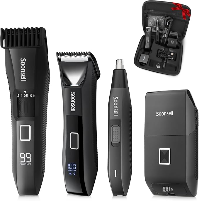 Beard Trimmer for Men, Groin & Body Hair Trimmer, Electric Shaver, Nose & Ear Hair Clippers, 4 in 1 Men's Grooming Kit, Waterproof Wet/Dry Groomer with Travel Case, LED Display
