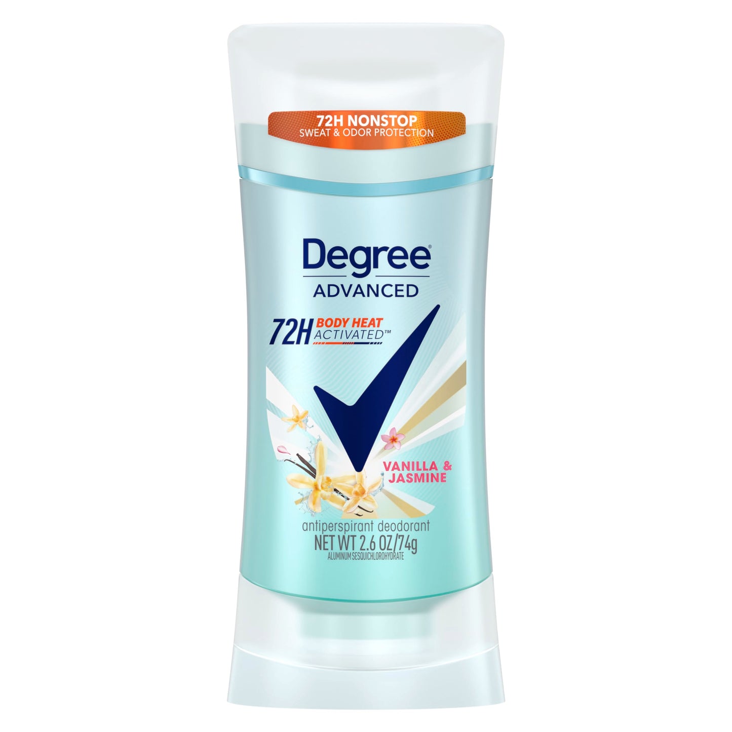 Degree Advanced Protection Antiperspirant Deodorant Vanilla & Jasmine for 72-Hour Sweat & Odor Control for Women, with Body Heat Activated Technology, 2.6 oz