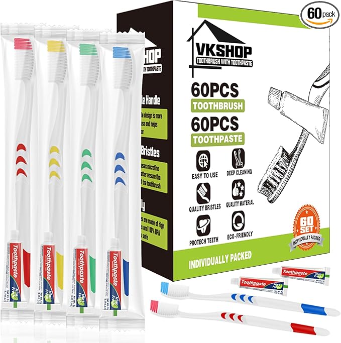 60 Pack Disposable Toothbrush with Toothpaste, Individually Wrapped Travel Toothbrush Sets, Soft Bristles for Travel, Hotels, Camping, Emergency Kits, Dental Offices (White, Toothpaste 5g)