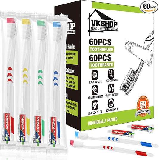 60 Pack Disposable Toothbrush with Toothpaste, Individually Wrapped Travel Toothbrush Sets, Soft Bristles for Travel, Hotels, Camping, Emergency Kits, Dental Offices (White, Toothpaste 5g)