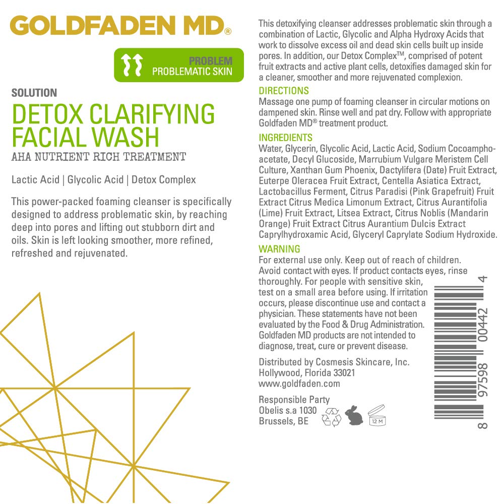 GOLDFADEN MD Detox Clarifying Facial Foaming AHA Cleanser | Purifying w/Glycolic Acid, Lactic Acid & our Detox ComplexTM | 4 fl oz