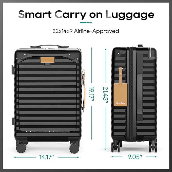 Joyway 20 Inch Carry on Luggage with Front Pocket, PC Hardshell Carry-on Suitcase with USB Port and Cup Holder, 21.5x14.2x9 Airline Approved, Luggage with Spinner Wheels and TSA Lock (Black)