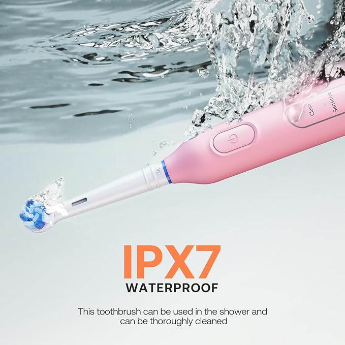 Bitvae Rotating Electric Toothbrush 2 Packs for Adults and Kids, 8 Brush Heads 60-Day Battery Life, 5 Modes Power Toothbrush with 2-Minute Smart Timer, Black & Pink, R1