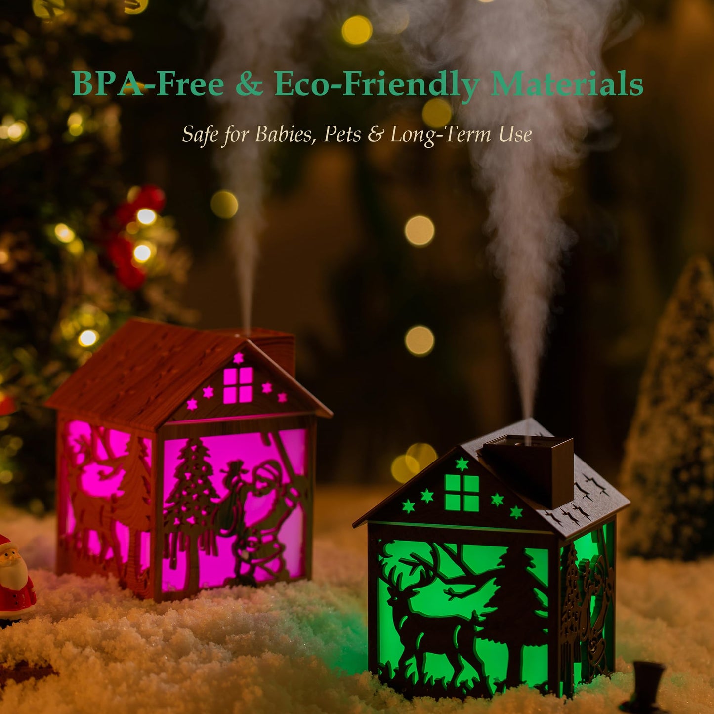 Mini Christmas Humidifier, 240ml Cool Mist Wooden House Humidifier with Santa Silhouette, 7-Color LED Lights, USB Powered, Quiet & Auto Shut-Off for Bedroom Home Office (Light Wood)