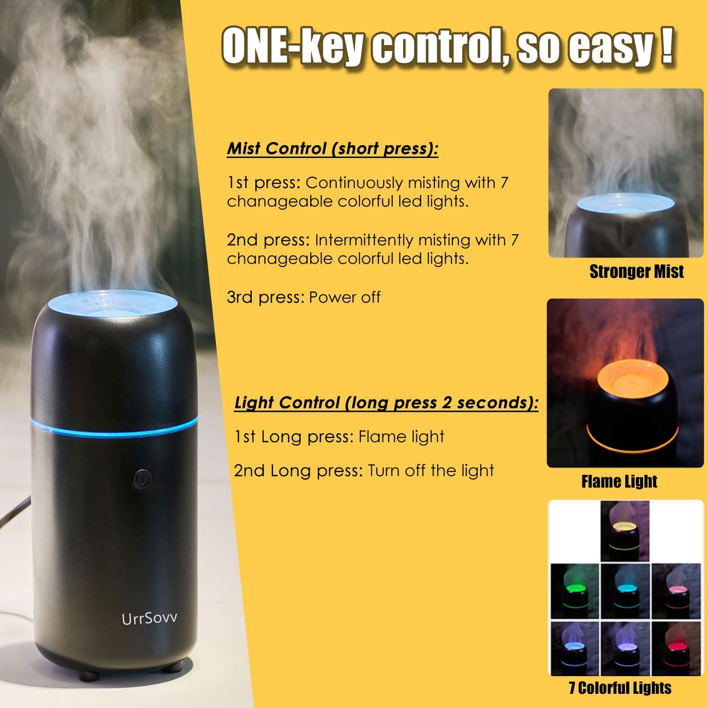 UrrSovv Humidifiers Car Diffusers for Essential Oils USB Car Humidifier Aromatherapy Diffusers with 7 Color Flame Lights for Car Home Office Gift (Black)