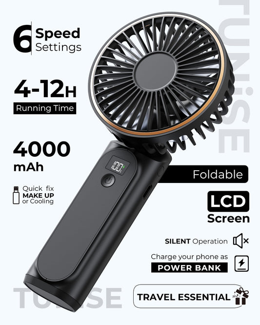TUNISE Portable Handheld Fan, 4000mAh, 180 Adjustable, 6 Speed Wind, Display Electricity in Real Time, USB Rechargeable Foldable Personal Fan