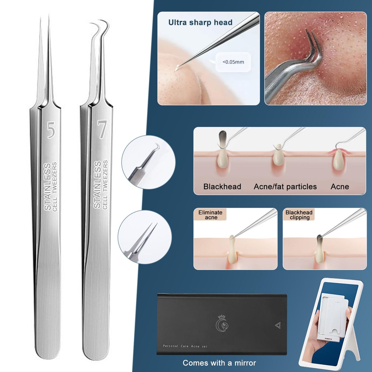 Professional Facial Blackhead Remover Tools,6-Piece Stainless Steel Acne Extractor Tools Set with Storage CaseKit for Whitehead Acne Blemishes Comedones Stainless Steel Makeup Tool