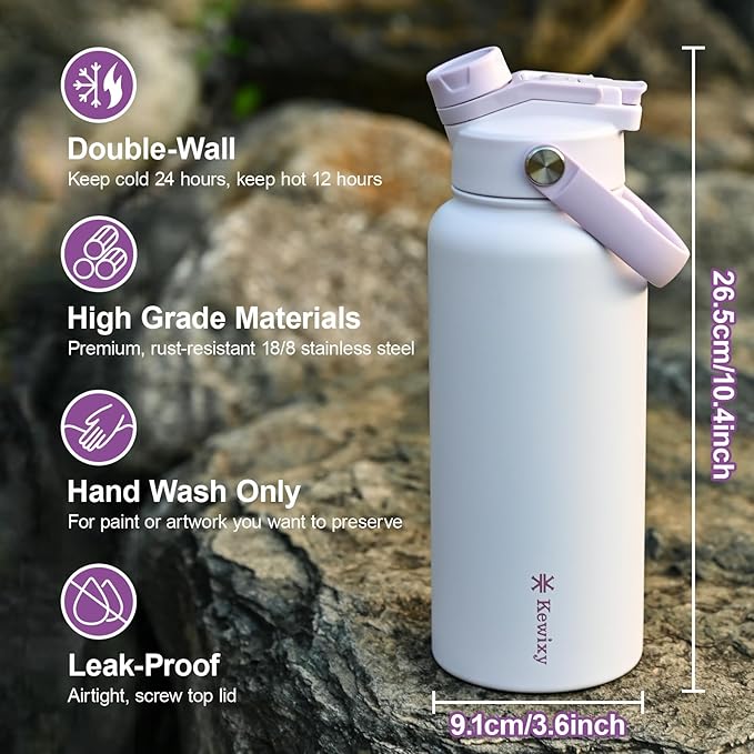 32 oz Insulated Water Bottle, 2-in-1 Lid, Straw & Spout with Protected, Leak Proof, Keep Cold, Stainless Steel, Metal, Reusable, Handle, for Outdoor, Gym and School, 2 Lids, Pale Mauve