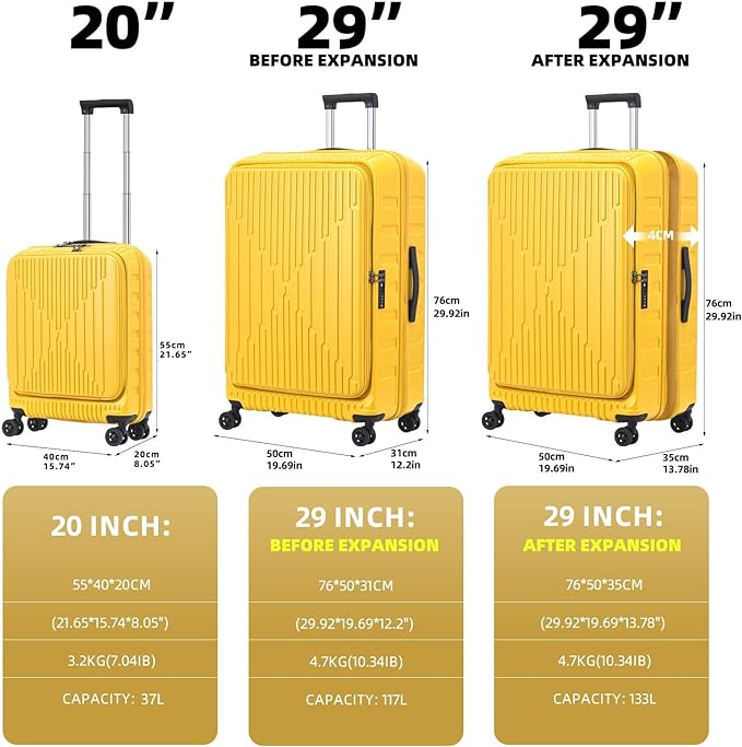 29 Inch Luggage with Expansion & Side Opening Design, 50 * 31(35)*76cm, 117L~133L Ligthweight ABS+PC Hardshell Checked Suitcase, Yellow