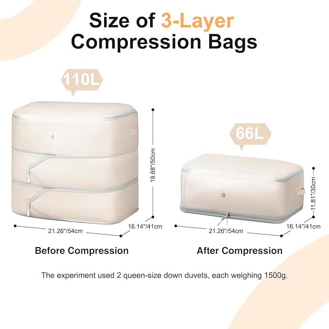 Comforter Storage Bag - Large Capacity Blanket Storage Bags 3-Layer Ultra Space Saving Self Compression Organizer, Washable Compression Bags for Storage Comforter Blanket, 2-Pack, Beige