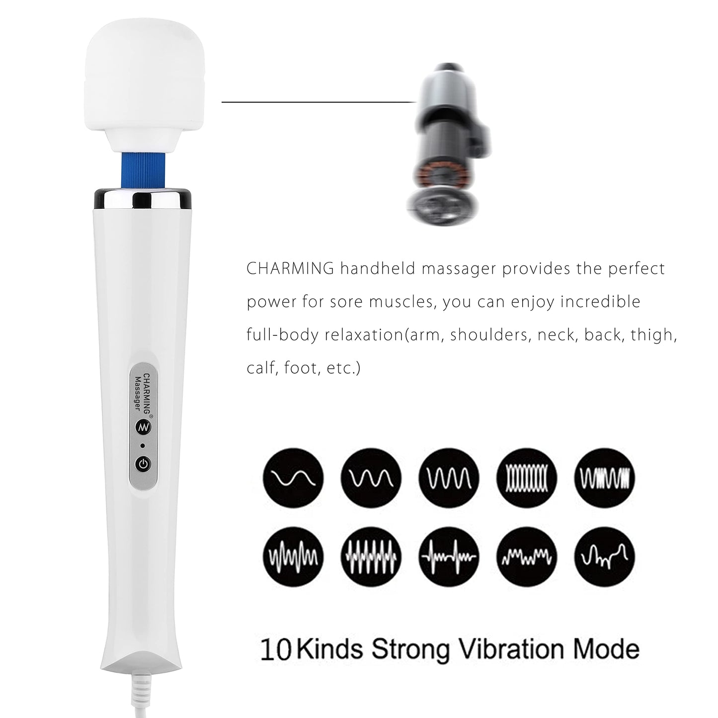 CHARMING 10 Speeds Wired Powerful Handheld Back Massager with Strong Vibration, Personal Therapy Massager for Sports Recovery, Muscle Aches, Full Body Pain (White)
