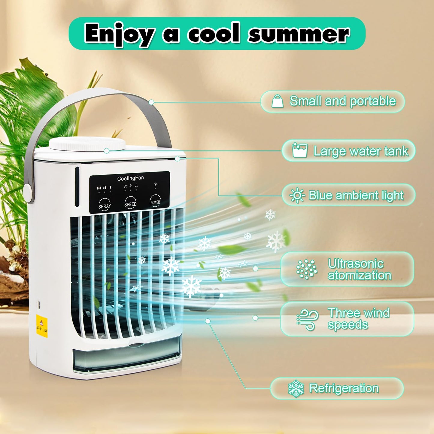 EnjoyCool Portable Air Conditioner, Evaporative Air Cooler, 3-IN-1 Personal Air Conditioner Cooling Fan with 3 Cool Air Spray, 3 Wind Speed, Small Desktop Humidifier Fan for Room Camping Car Office