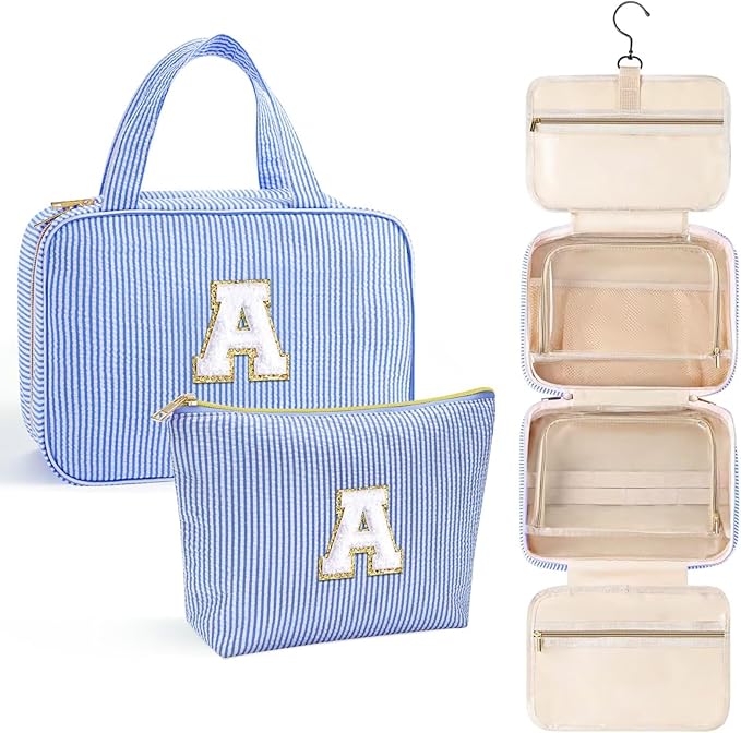 YOOLIFE Hanging Toiletry Bag Makeup Bag for Women Girls, Initial Toiletry Bag Cosmetic Bag, Personalized Birthday Gifts for Women Teen Girls, Letter A, Blue