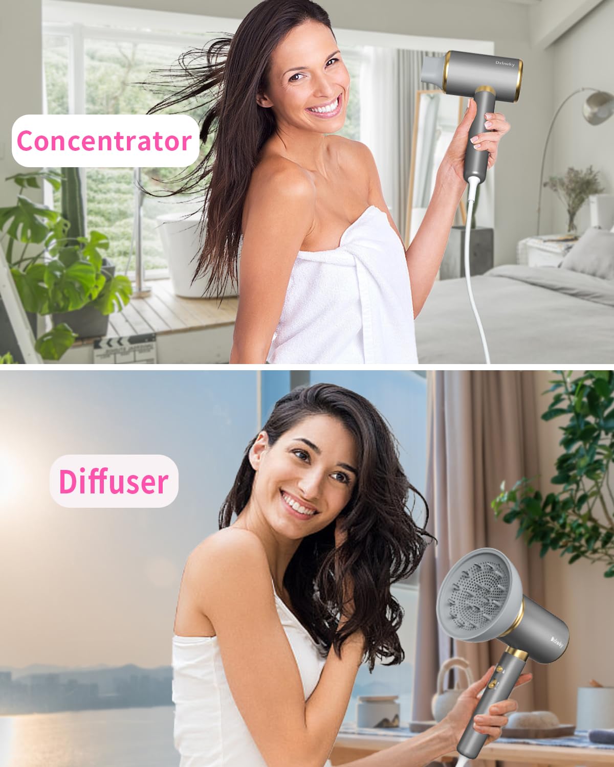 Dxliwky Ionic Hair Dryer with Diffuser and Concentrator, Powerful 1875W Fast-Drying Blow Dryer, Constant Temperature, Compact Lightweight Hair Dryer for Home Salon Travel (Silvery)