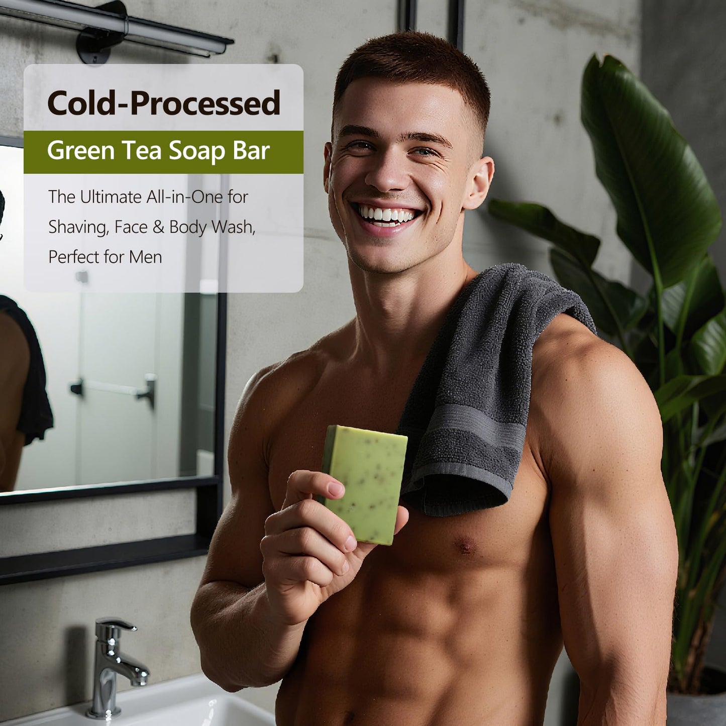 PALFICAB Green Tea Soap, Moisturizing Bath Soap Bars, Cruelty-Free, Gentle Exfoliating for Hydrating & Nourishing Skin with Green Tea Leaves, Coconut Oil, Shea Butter, Gifts for Women Men, 3 Bars