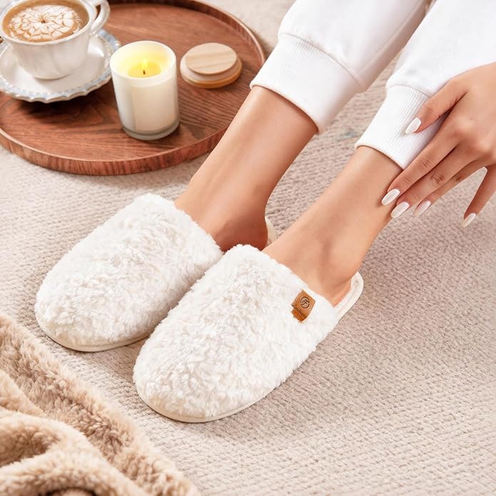 EverFoams Women's Fuzzy Slip-on Slippers Warm Cozy Soft Lightweight Memory Foam Indoor House Shoes