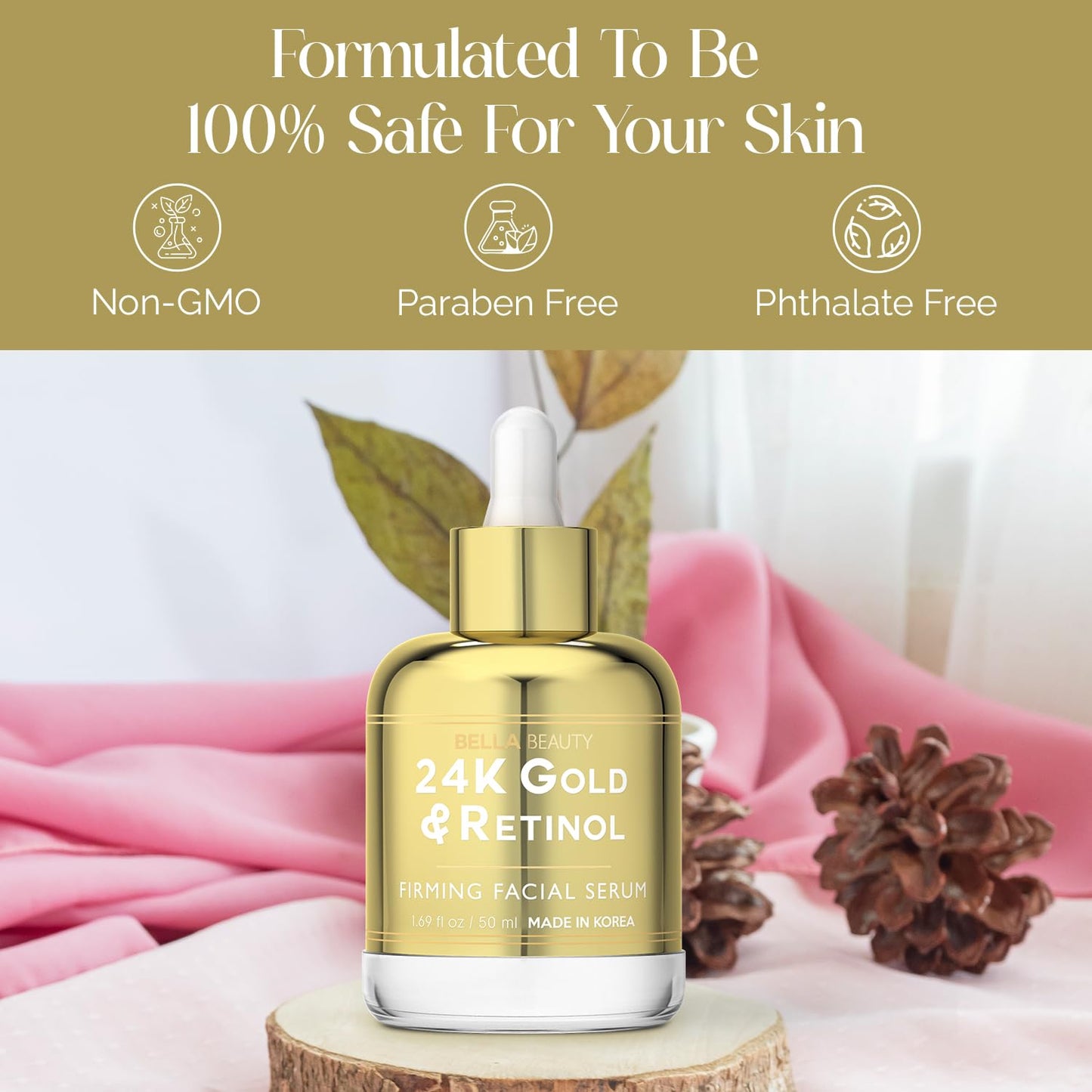 Bella Beauty 24K Gold & Retinol Face Serum - Reduces Age Spots, Fine Lines & Wrinkles, Lifting & Firming - Dermatologist Tested, Cruelty-Free Korean Skin Care for All Skin Types - 1.69 Fl. Oz