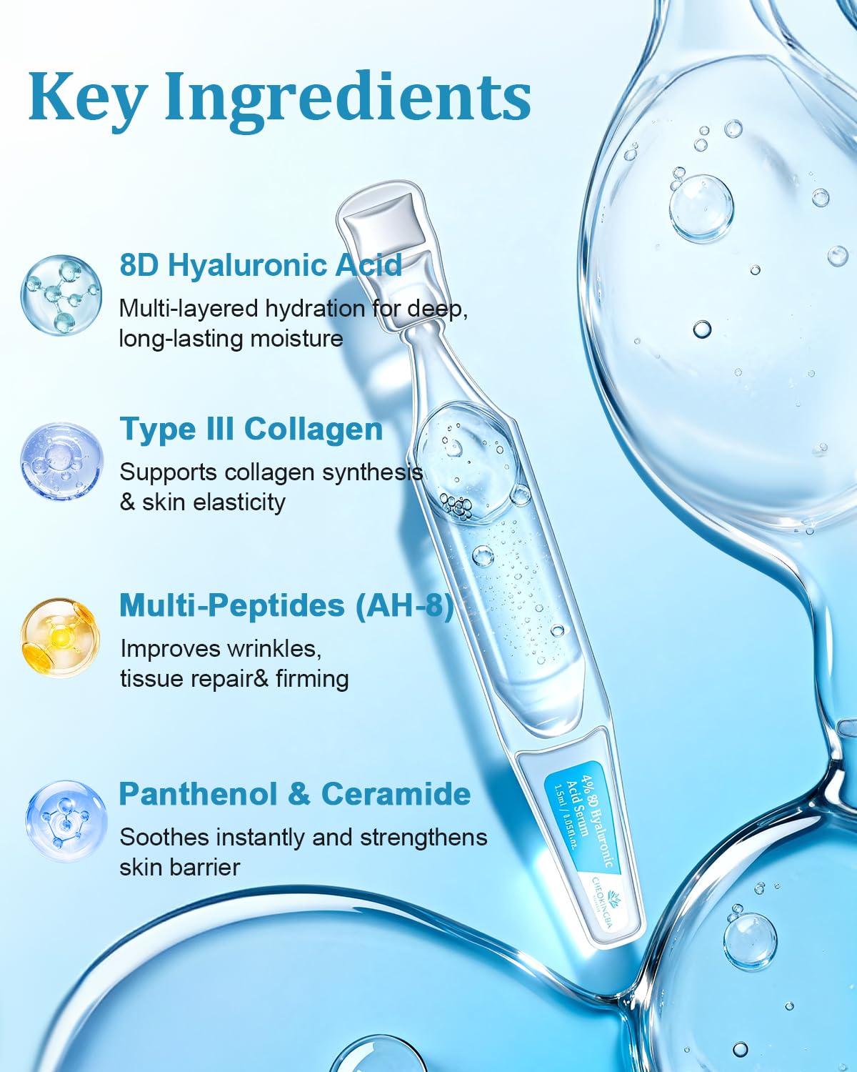 4% Hyaluronic Acid Serum for Face, 8D Multi-Layer Hydration, Ultra Hydrating Anti-Aging Serum with 20,000ppm Acetyl Hexapeptide-8, Korean Skincare Single-Use Ampoule for Dry & Sensitive Skin, 30pcs