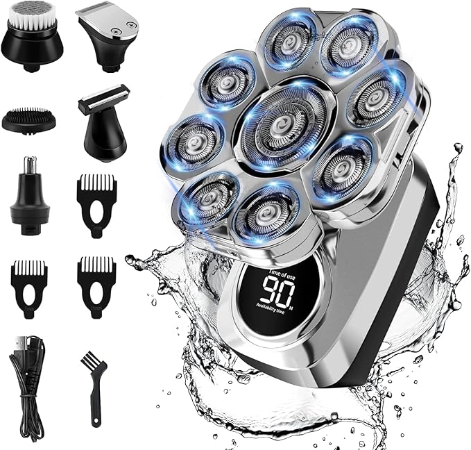 9D Head Shavers for Bald Men: Upgraded 6 in 1 Detachable Bald Head Shavers with LED Display - Wet/Dry Electric Razor for Men - Travel Lock Electric Shaver Grooming Kit with Type-C Charge