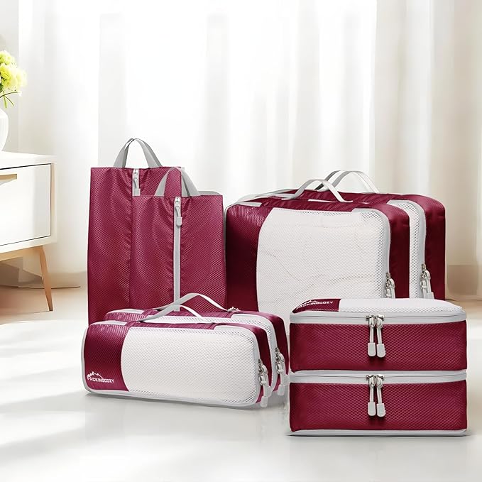 Compression Packing Cubes for Travel, 8 Set Packing Organizers with Zipper Pulls and Mesh Top Panel - Light-weight Travel Cubes for Carry On and Suitcases, Wine