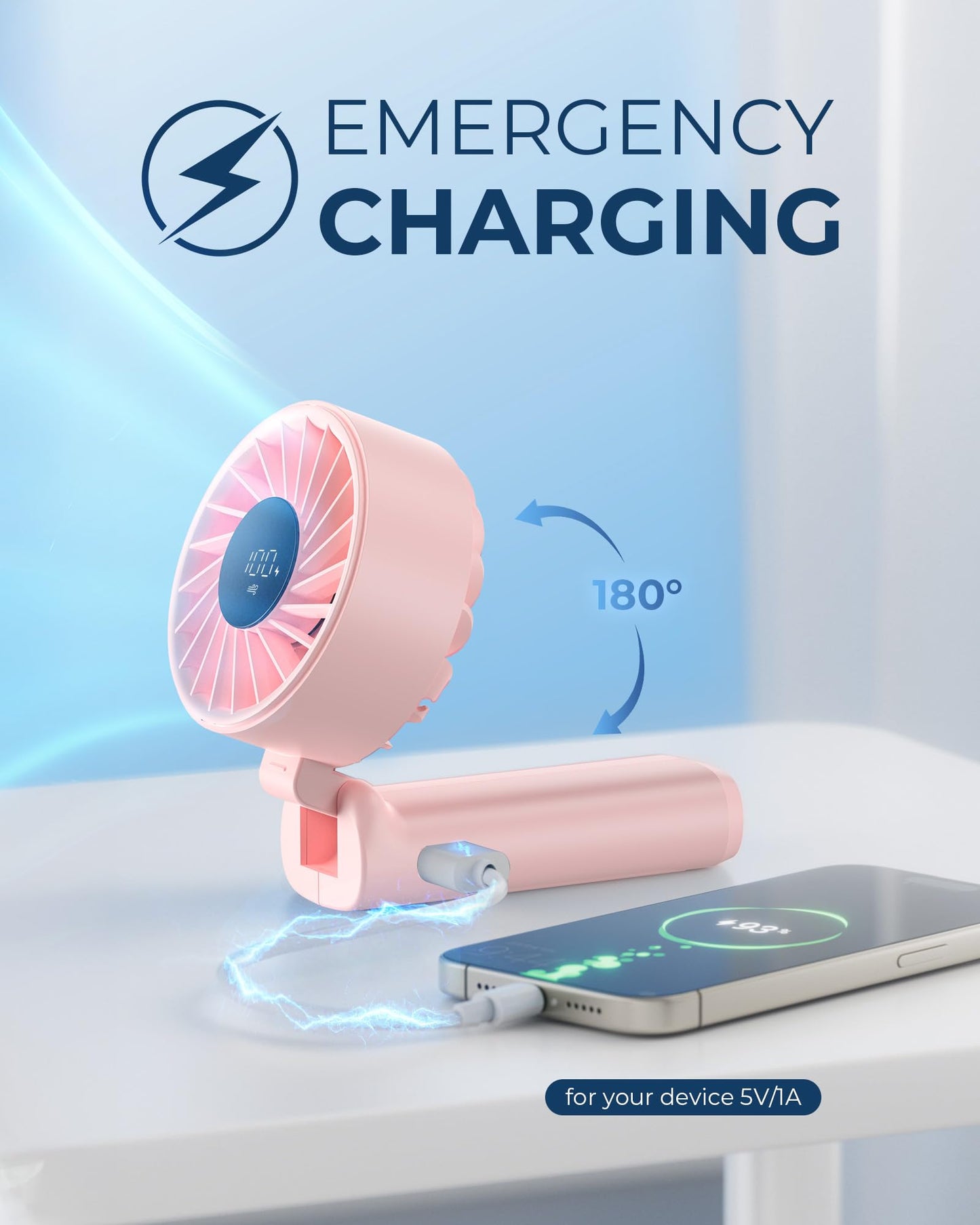 Handheld Portable Fan, 4000mAh USB Rechargeable Personal Fan, 180° Foldable Mini Desk Fan with 6 Wind Speed, LCD Digital Display, Lanyard as Neck Fan, Ultra Quiet