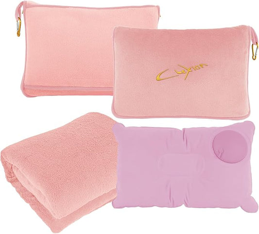 Travel Blanket & Pillow Set, 300 GSM Soft Fleece, 60x43 Inches, 3-in-1 Airplane Blanket, Travel Pillow and Blanket Set, Travel Blanket Airplane Compact with Bag, Travel Essentials, Pink