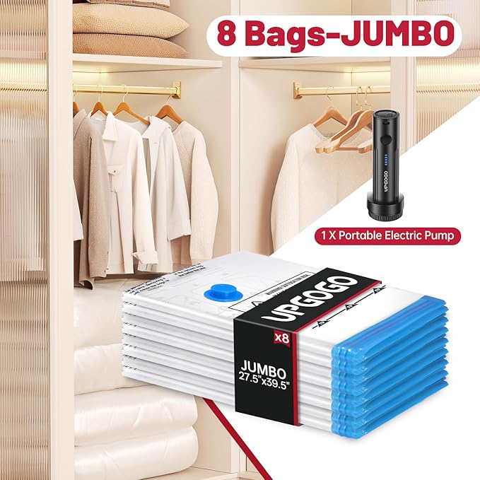 8 Pack Jumbo Vacuum Storage Bags with Portable Electric Pump,Vacuum Seal Bags for Clothing,Space Saver Bags,Comforters, Blankets, Bedding